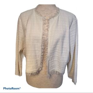 WORTH JACKET COAT CROPPED OPEN FRONT CREAM 3/4 SLEEVE FRINGE ACCENT USA Size XL